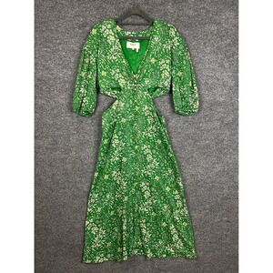 Ba&Sh ARIA DRESS CUTOUT MIDI Green Floral Print Button Front Puff Sleeve S